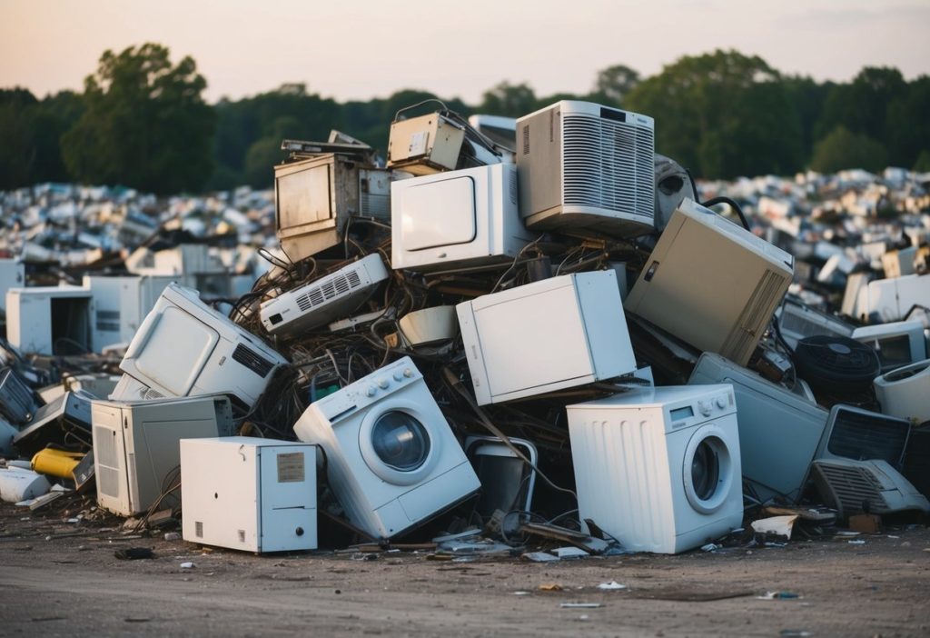 Discarded home appliances piled in a landfill