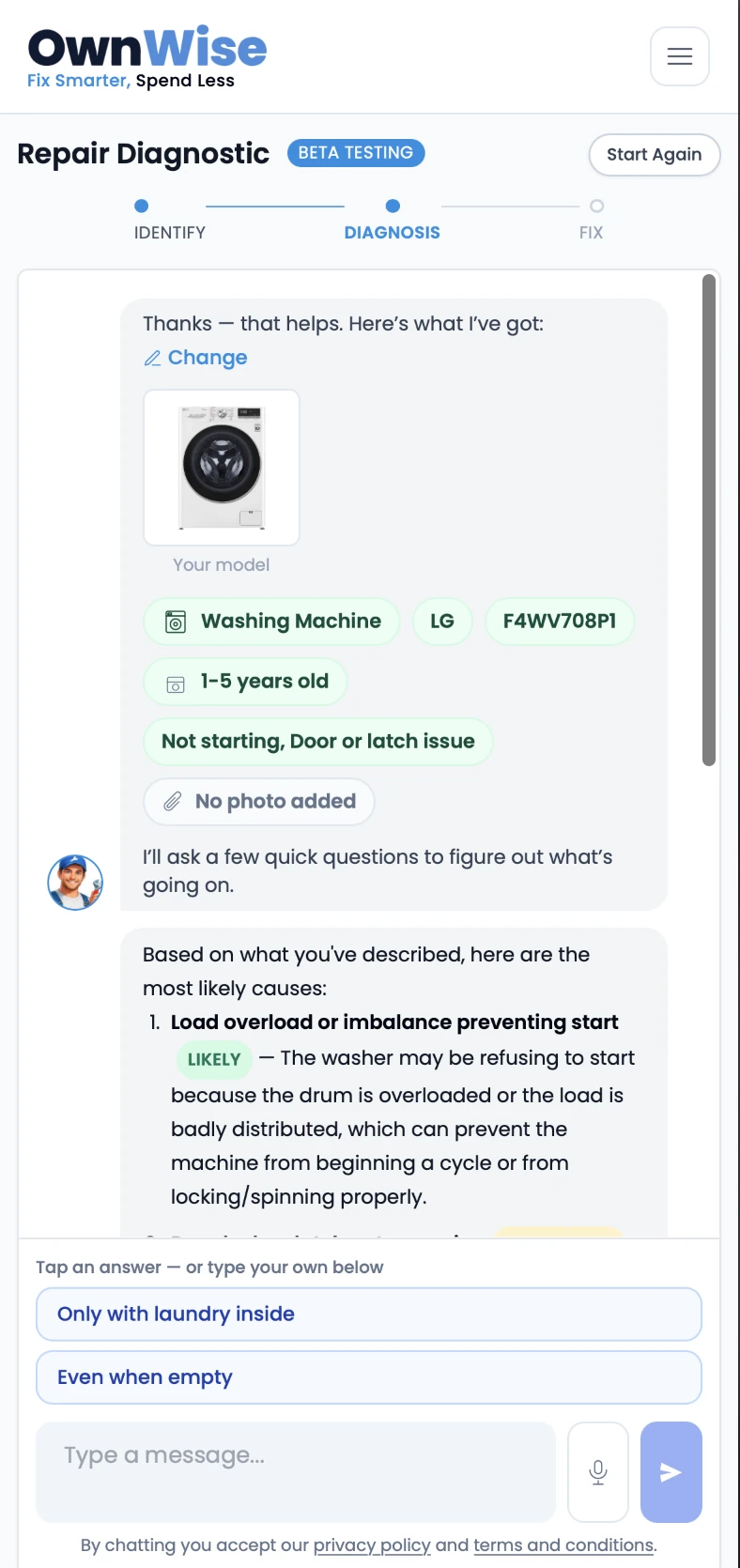 OwnWise app — Diagnose the problem