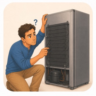 A homeowner puzzling over the back of a refrigerator