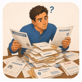A homeowner buried in warranty and insurance paperwork