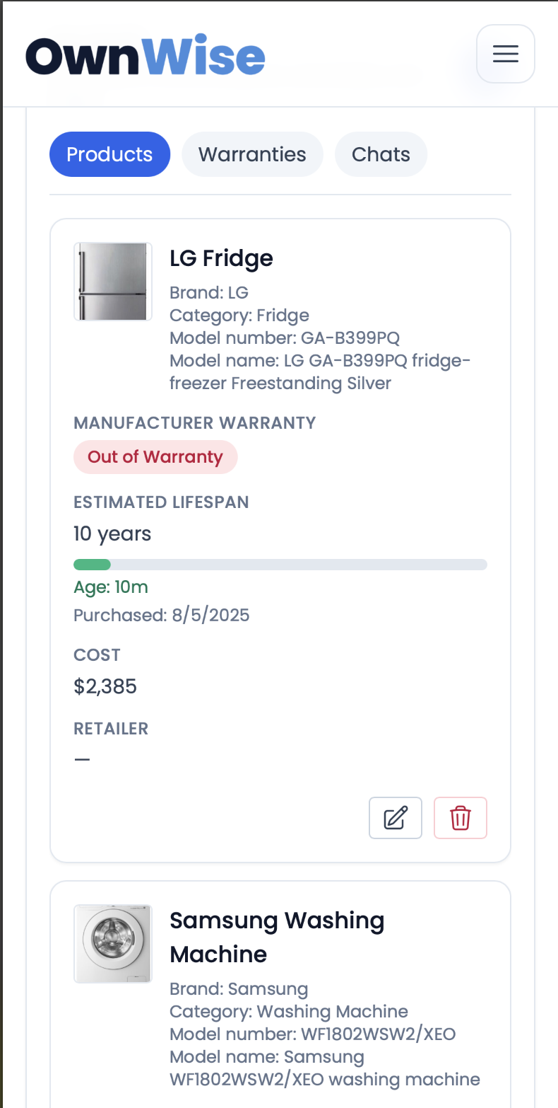 OwnWise app — Add your stuff