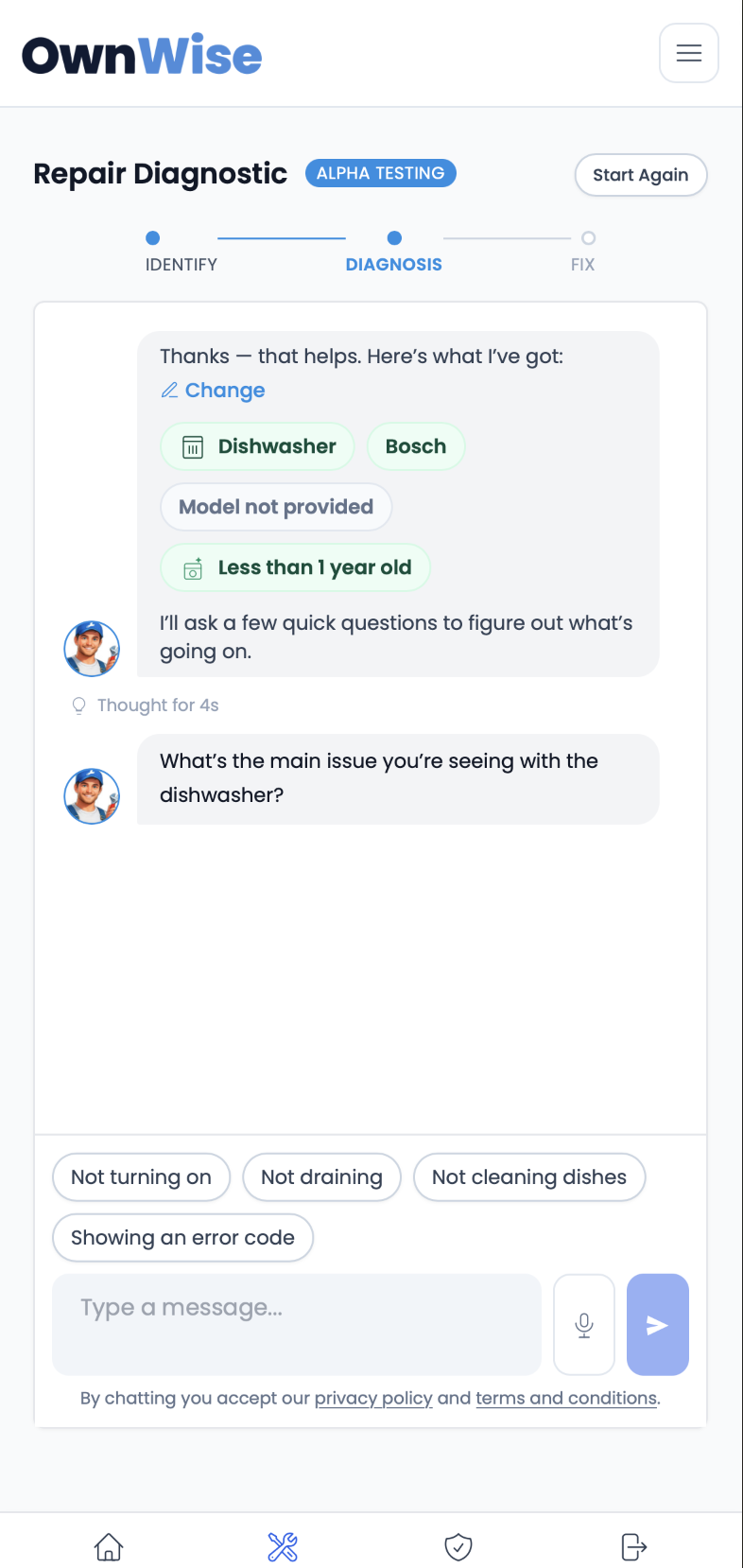 OwnWise app — Diagnose the problem