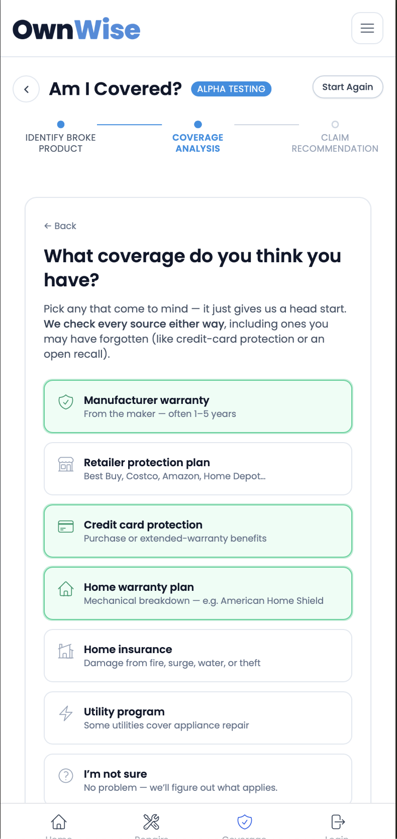 OwnWise app — Check your coverage