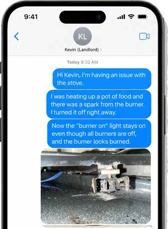 A tenant texts their landlord that the stove burner sparked and stays lit; the landlord schedules maintenance