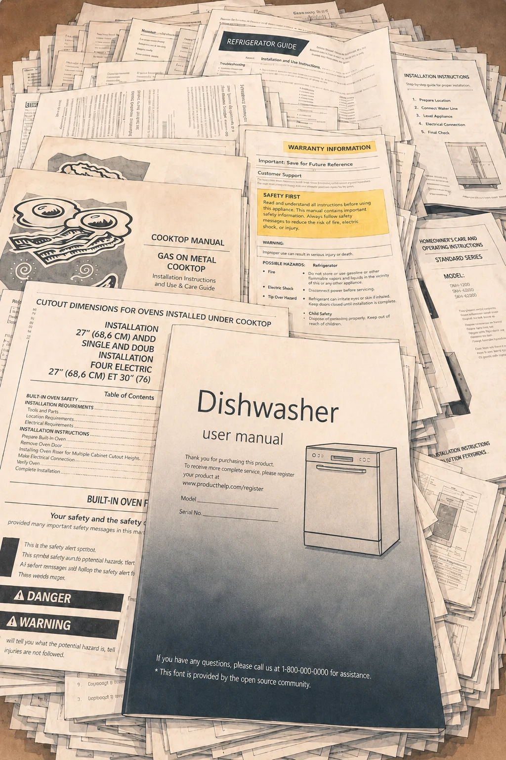 A sprawling pile of appliance warranty booklets and product manuals for many different units